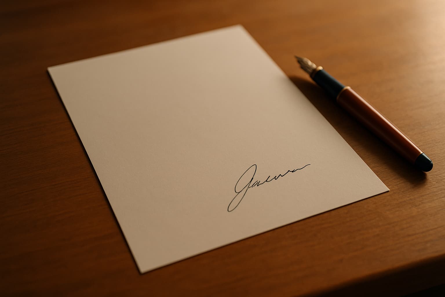 A signed legal document with a fountain pen resting on top.