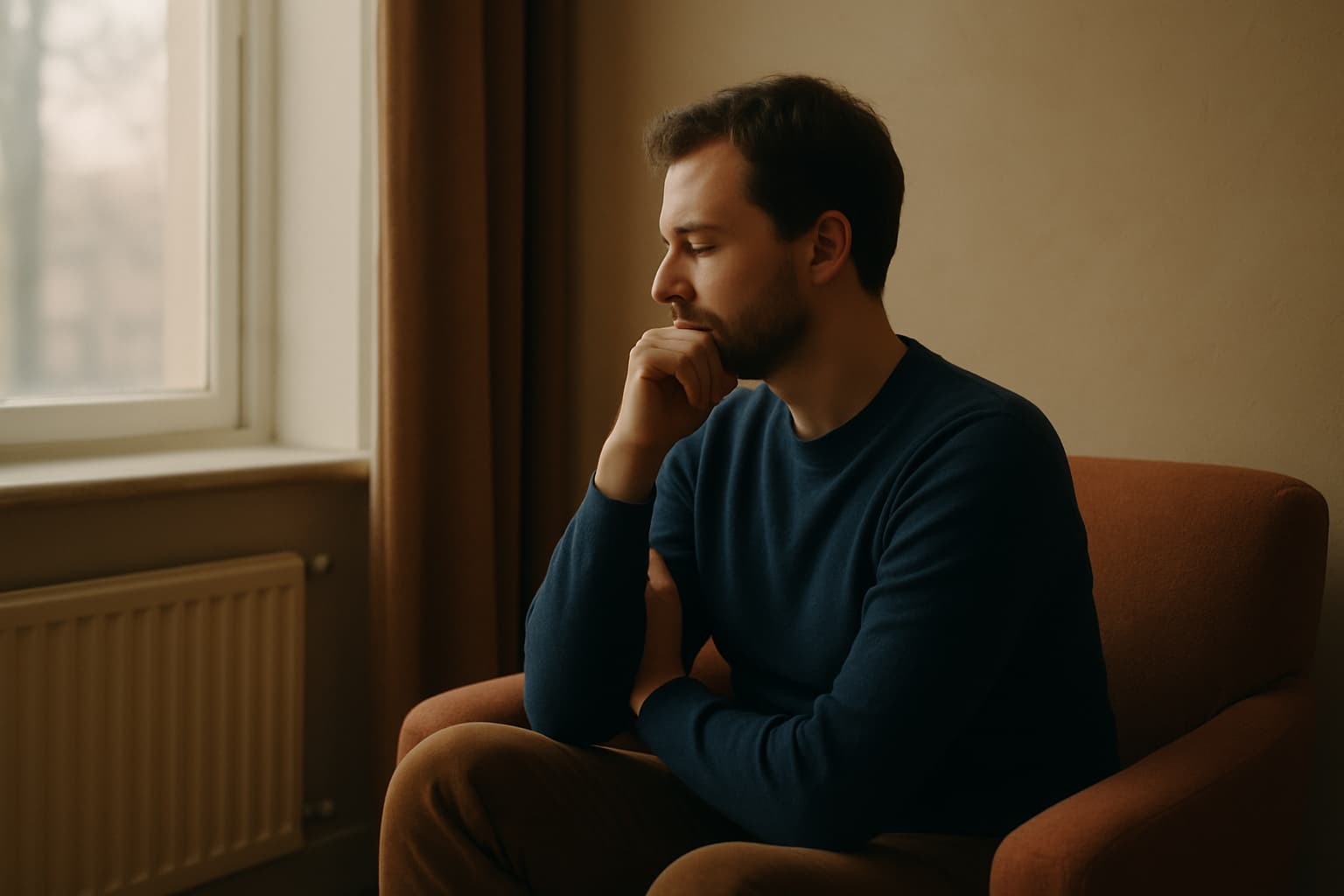 A person sitting at a kitchen table with a notebook and coffee, thinking.