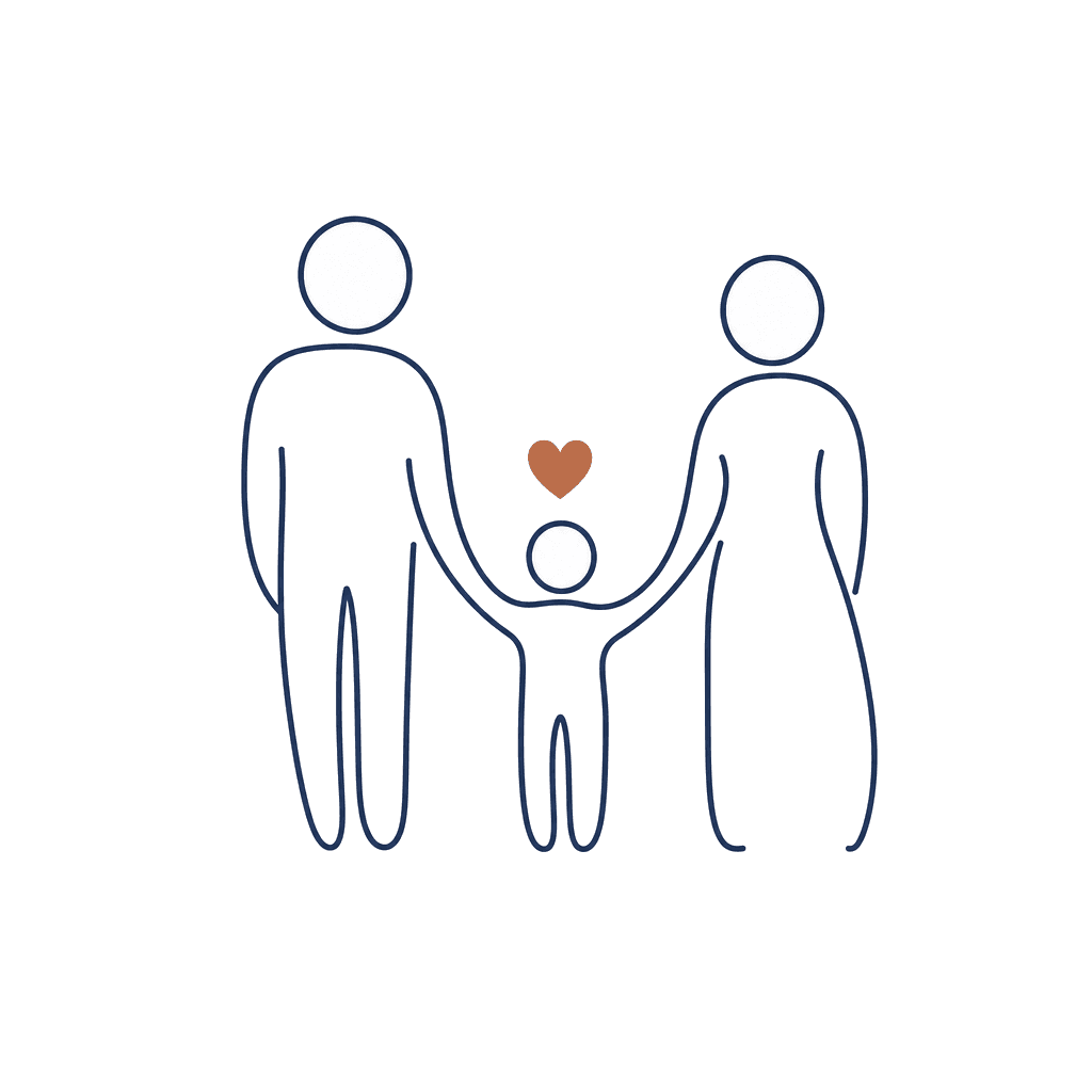 Two parents and a child walking forward together