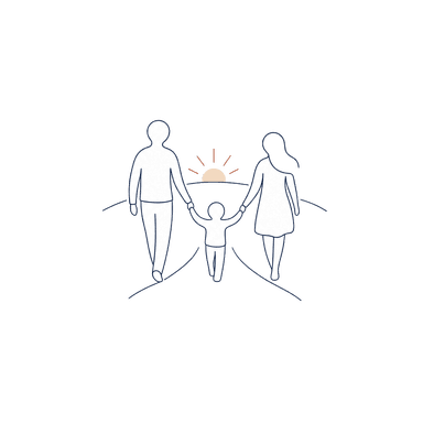 Two parents and a child walking forward together